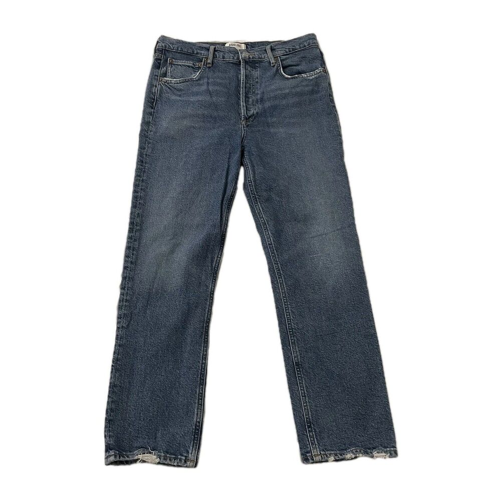 Agolde Jeans Womens 29 Blue Riley High Rise Straight Crop Raw Hem Organic Denim
